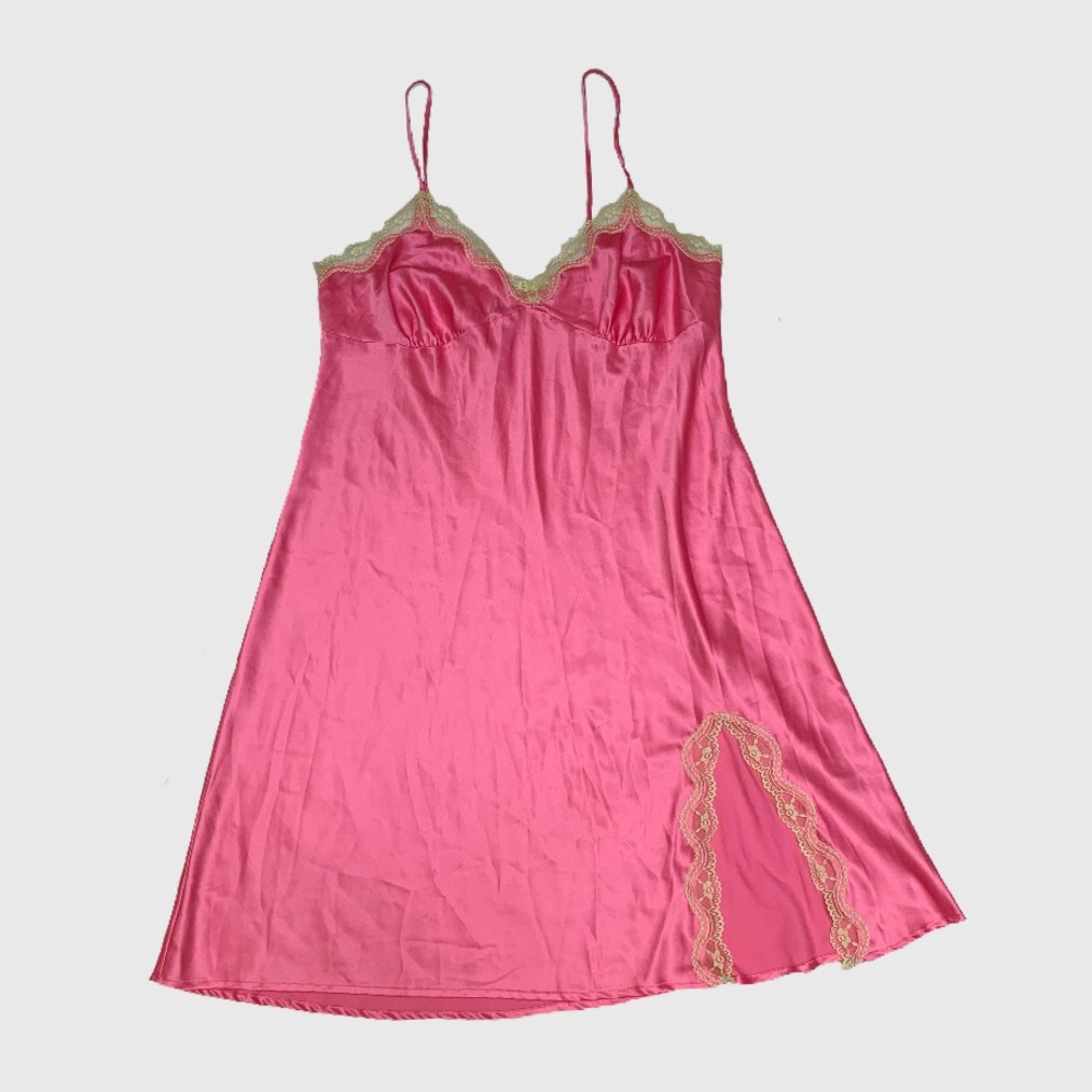La Senza Y2K Bubblegum Pink Satin Lingerie Slip Dress with Green Lace Trim